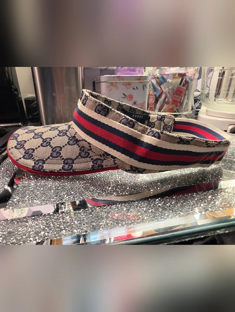 Gucci Beige GG Canvas Sun Visor with Navy & Red Stripe - Picture 3 of 5